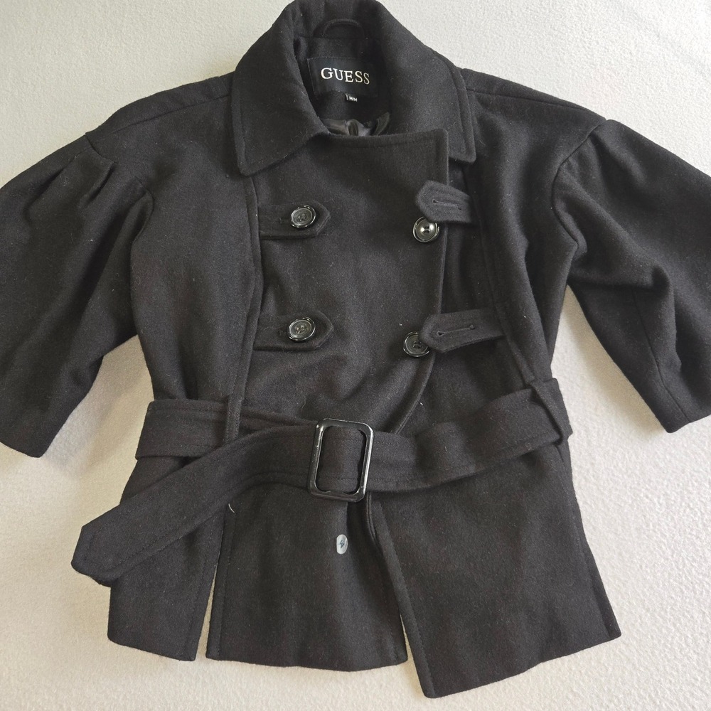 Guess Peacoat Women Medium Black Wool Blend Puff Sleeve Belted 22JN8098